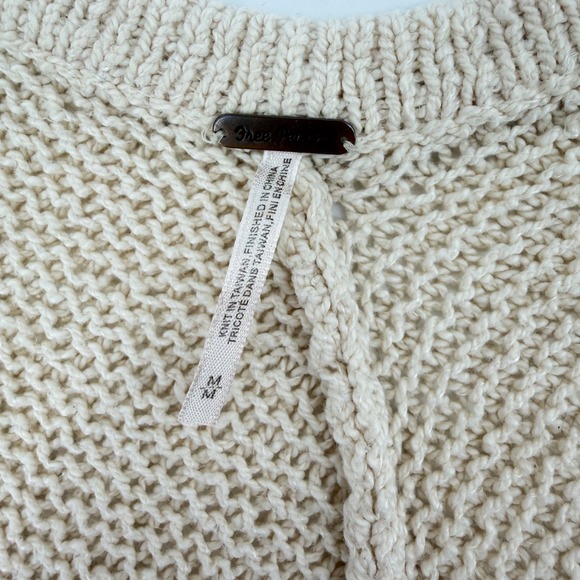 Free People Cream Knit Open Front Cardigan Sweater V Neck Pockets Medium - Picture 4 of 7